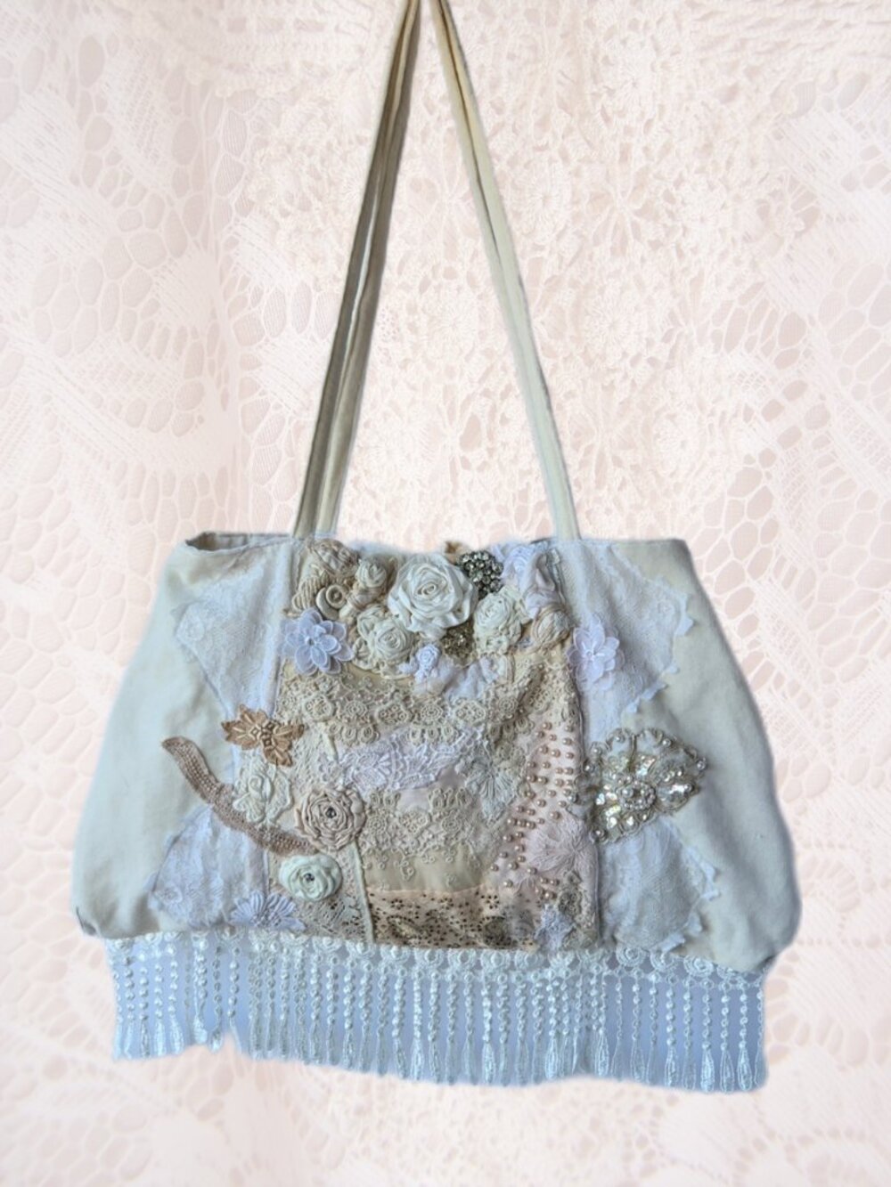 Handmade Cream Velveteen Bag Vintage-Lace Boho Style Romantic